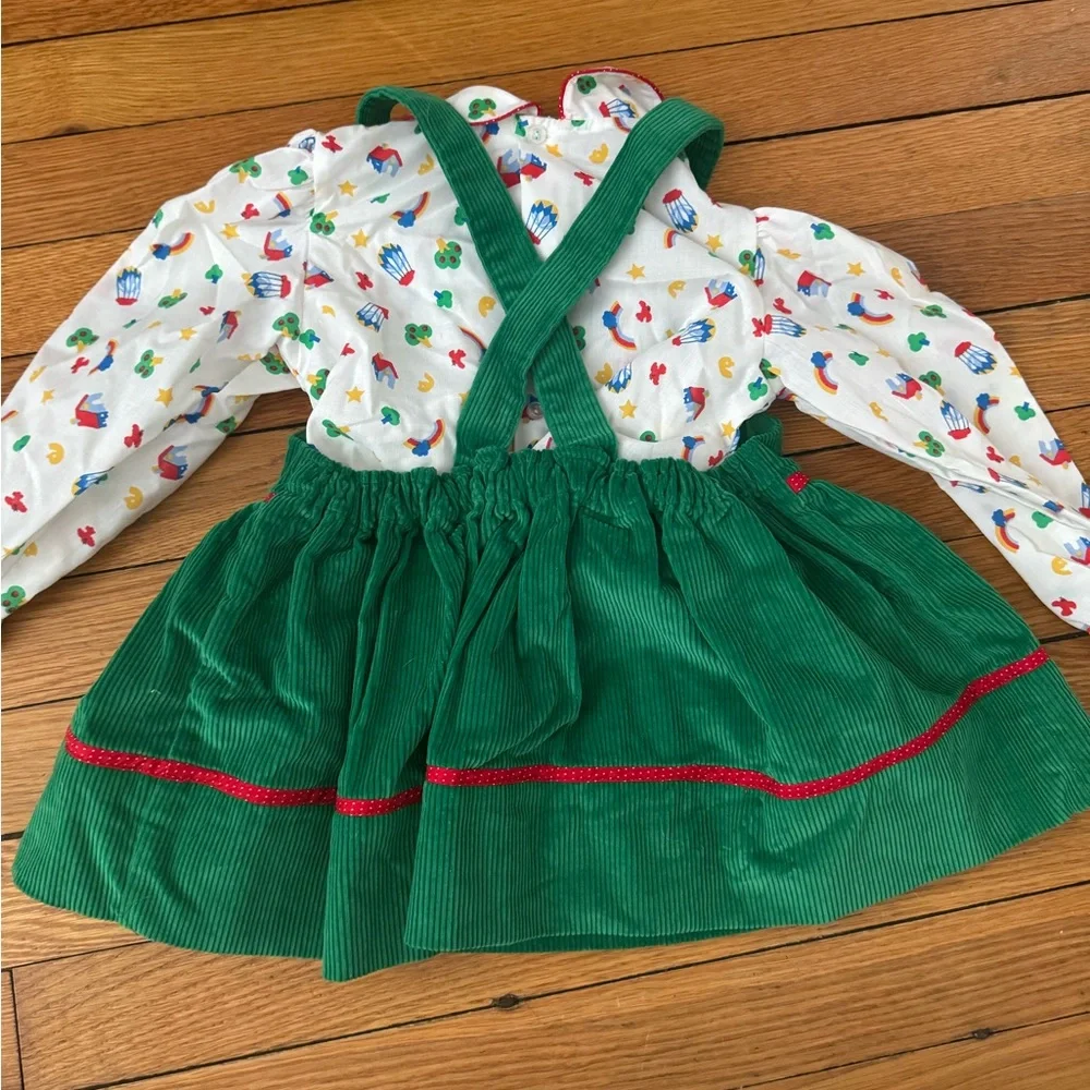 Vintage 80s Green Corduroy Jumper Dress & Printed Blouse Set 3T - Picture 5 of 6